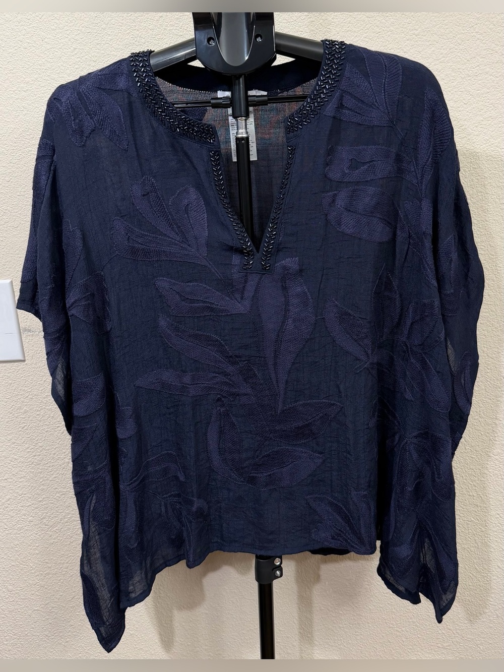 Chico's Navy Blue Embroidered Poncho Tunic Top | Coastal Grandma Resort Chic |SM